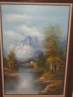 Spectacular Original Oil on Canvas Cabin by River Flowing Through Forest Snowcapped