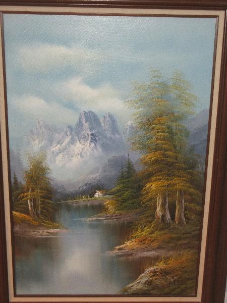 Spectacular Original Oil on Canvas Cabin by River Flowing Through Forest Snowcapped