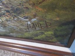 Spectacular Original Oil on Canvas Cabin by River Flowing Through Forest Snowcapped