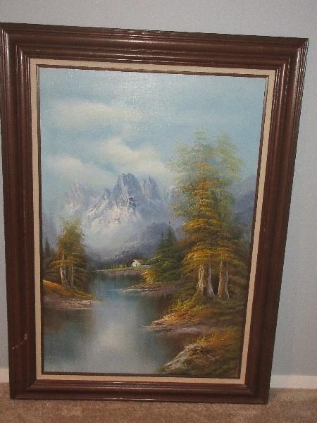 Spectacular Original Oil on Canvas Cabin by River Flowing Through Forest Snowcapped