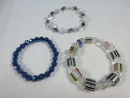 3 Gorgeous Stretch Bracelets Crystal Art Glass Alternating Design, Faceted Crystal & Cobalt Blue