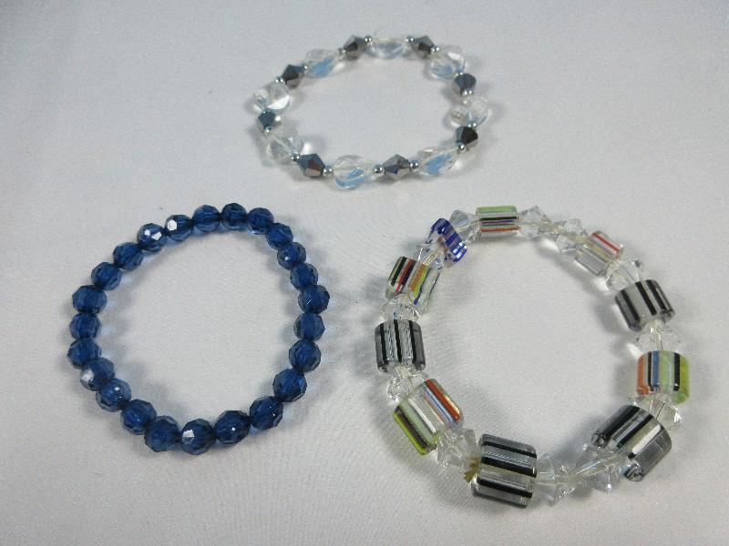 3 Gorgeous Stretch Bracelets Crystal Art Glass Alternating Design, Faceted Crystal & Cobalt Blue