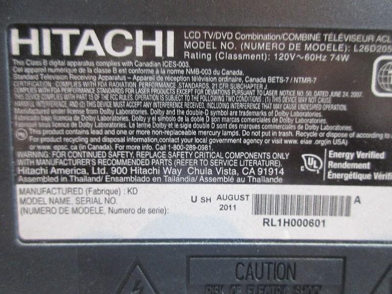 Hitachi 26" Flat Screen LCD HDTV Combo DVD TV on Base Model No. L26D205A- No Remote