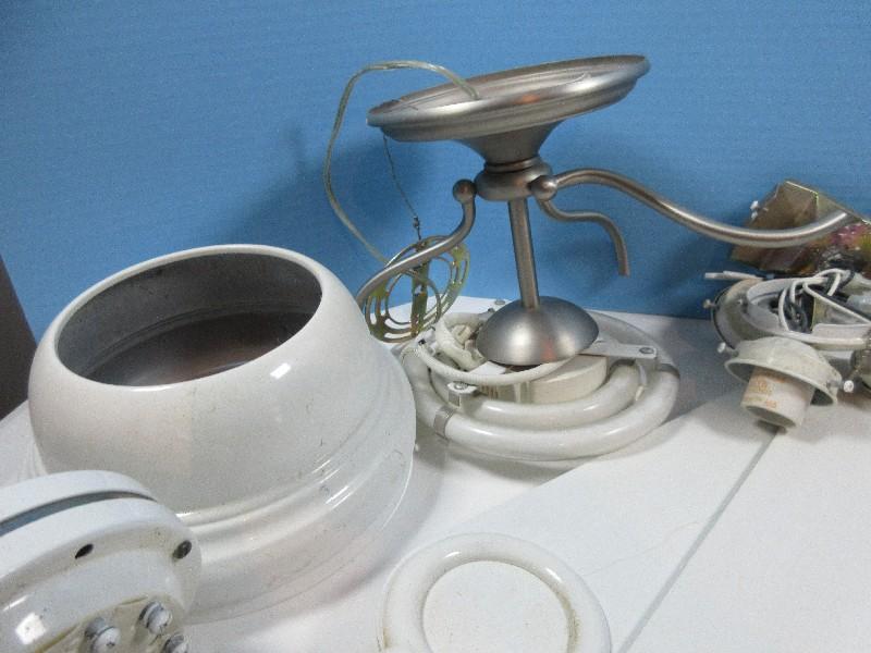 Lot Ceiling Fan w/Light Fixture, Misc Hardware Magnets, Brass Hooks, Kickdown Door Stop etc.