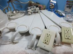 Lot Ceiling Fan w/Light Fixture, Misc Hardware Magnets, Brass Hooks, Kickdown Door Stop etc.