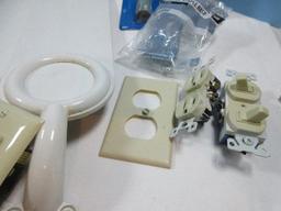 Lot Ceiling Fan w/Light Fixture, Misc Hardware Magnets, Brass Hooks, Kickdown Door Stop etc.