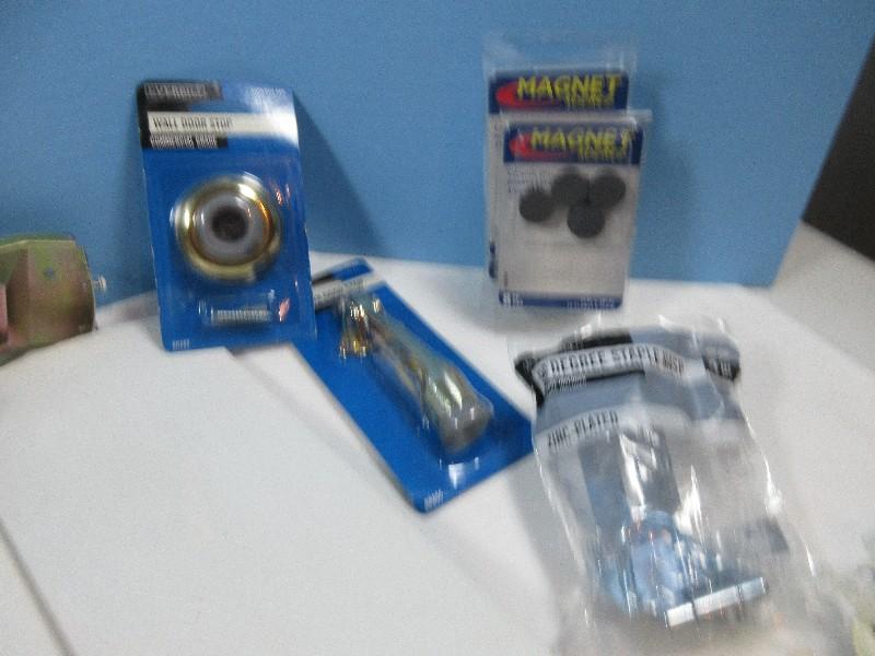 Lot Ceiling Fan w/Light Fixture, Misc Hardware Magnets, Brass Hooks, Kickdown Door Stop etc.