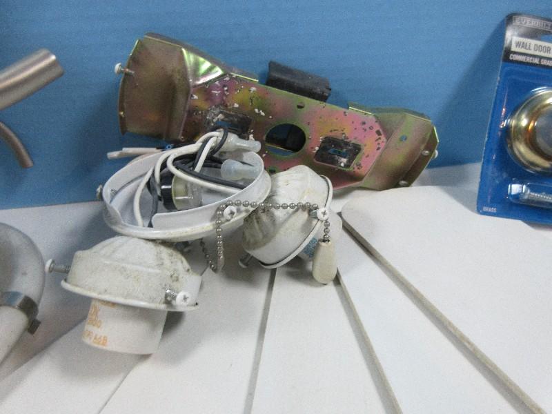 Lot Ceiling Fan w/Light Fixture, Misc Hardware Magnets, Brass Hooks, Kickdown Door Stop etc.