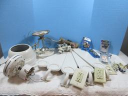 Lot Ceiling Fan w/Light Fixture, Misc Hardware Magnets, Brass Hooks, Kickdown Door Stop etc.
