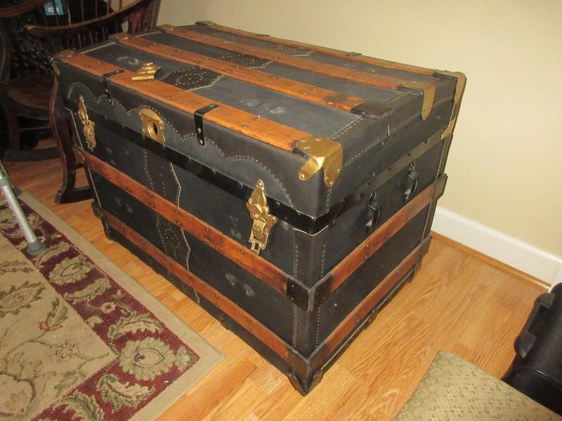 Early Steamer Trunk w/Brass Tone Hardware, Oak Wooden Slats & Decorative Nail head Trim on
