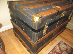 Early Steamer Trunk w/Brass Tone Hardware, Oak Wooden Slats & Decorative Nail head Trim on