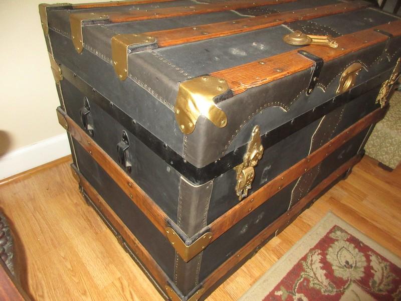 Early Steamer Trunk w/Brass Tone Hardware, Oak Wooden Slats & Decorative Nail head Trim on