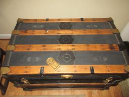 Early Steamer Trunk w/Brass Tone Hardware, Oak Wooden Slats & Decorative Nail head Trim on