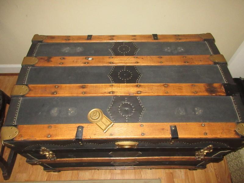 Early Steamer Trunk w/Brass Tone Hardware, Oak Wooden Slats & Decorative Nail head Trim on