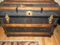 Early Steamer Trunk w/Brass Tone Hardware, Oak Wooden Slats & Decorative Nail head Trim on