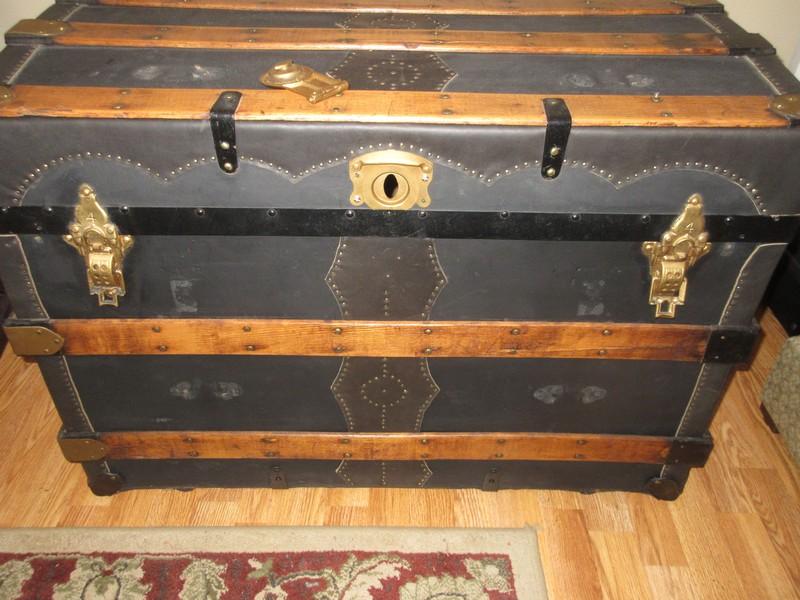 Early Steamer Trunk w/Brass Tone Hardware, Oak Wooden Slats & Decorative Nail head Trim on