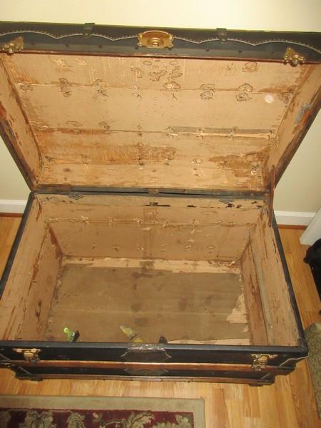 Early Steamer Trunk w/Brass Tone Hardware, Oak Wooden Slats & Decorative Nail head Trim on
