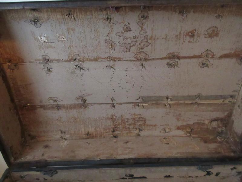 Early Steamer Trunk w/Brass Tone Hardware, Oak Wooden Slats & Decorative Nail head Trim on
