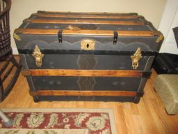 Early Steamer Trunk w/Brass Tone Hardware, Oak Wooden Slats & Decorative Nail head Trim on