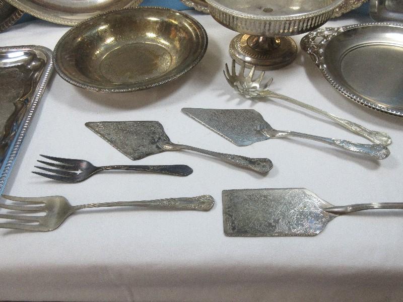 Lot Misc Silverplate/Stainless Serving Trays, Foot Compote,10 3/4" Serving Bowl, Pierced