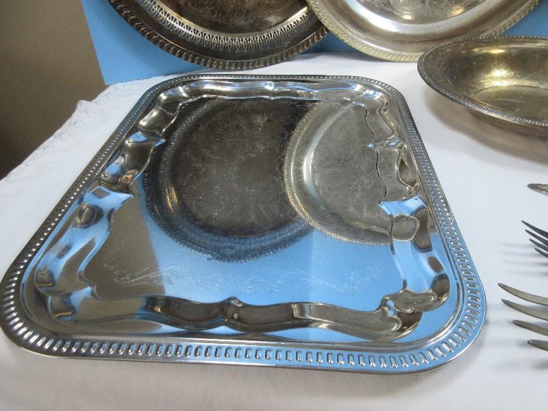 Lot Misc Silverplate/Stainless Serving Trays, Foot Compote,10 3/4" Serving Bowl, Pierced