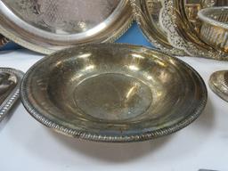 Lot Misc Silverplate/Stainless Serving Trays, Foot Compote,10 3/4" Serving Bowl, Pierced