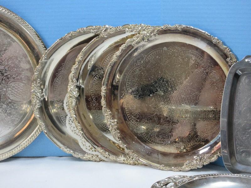 Lot Misc Silverplate/Stainless Serving Trays, Foot Compote,10 3/4" Serving Bowl, Pierced