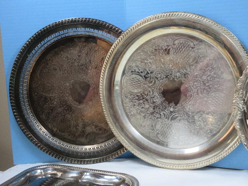 Lot Misc Silverplate/Stainless Serving Trays, Foot Compote,10 3/4" Serving Bowl, Pierced