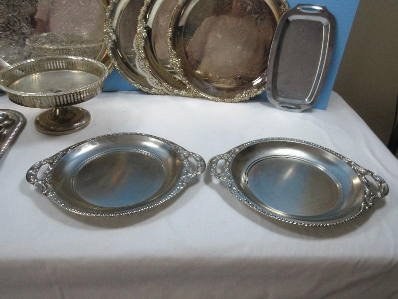 Lot Misc Silverplate/Stainless Serving Trays, Foot Compote,10 3/4" Serving Bowl, Pierced