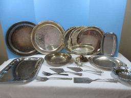 Lot Misc Silverplate/Stainless Serving Trays, Foot Compote,10 3/4" Serving Bowl, Pierced