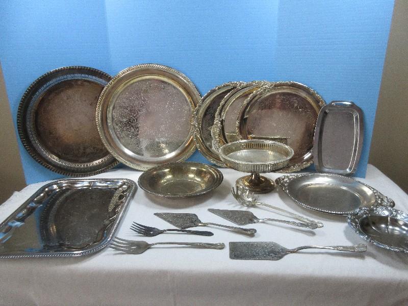 Lot Misc Silverplate/Stainless Serving Trays, Foot Compote,10 3/4" Serving Bowl, Pierced