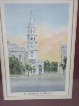 Pair Matching Antiqued Gilt Frames Charleston Cityscape Prints "Dock Street Theatre" & "St.