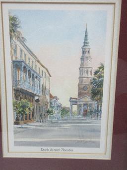 Pair Matching Antiqued Gilt Frames Charleston Cityscape Prints "Dock Street Theatre" & "St.