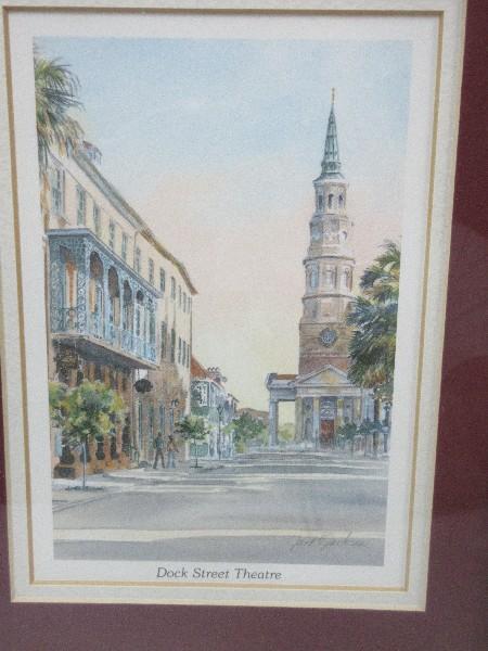 Pair Matching Antiqued Gilt Frames Charleston Cityscape Prints "Dock Street Theatre" & "St.