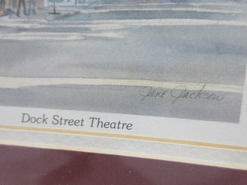 Pair Matching Antiqued Gilt Frames Charleston Cityscape Prints "Dock Street Theatre" & "St.