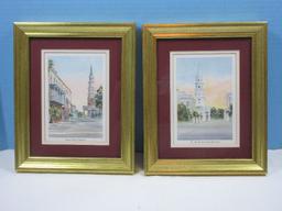 Pair Matching Antiqued Gilt Frames Charleston Cityscape Prints "Dock Street Theatre" & "St.