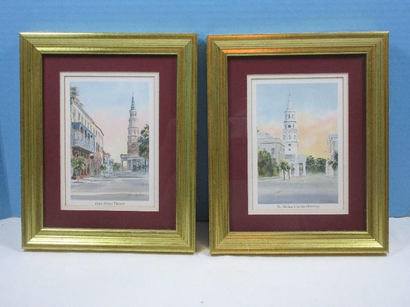 Pair Matching Antiqued Gilt Frames Charleston Cityscape Prints "Dock Street Theatre" & "St.