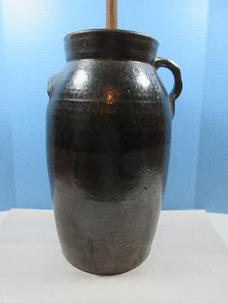 Early 5 Gallon Pottery Stoneware Butter Churn w/Lid & Wooden Dasher Unique Two Tone Glaze