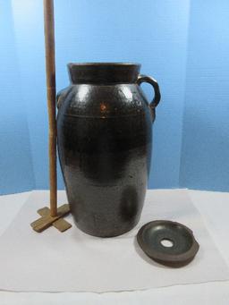 Early 5 Gallon Pottery Stoneware Butter Churn w/Lid & Wooden Dasher Unique Two Tone Glaze