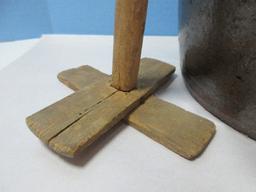 Early 5 Gallon Pottery Stoneware Butter Churn w/Lid & Wooden Dasher Unique Two Tone Glaze