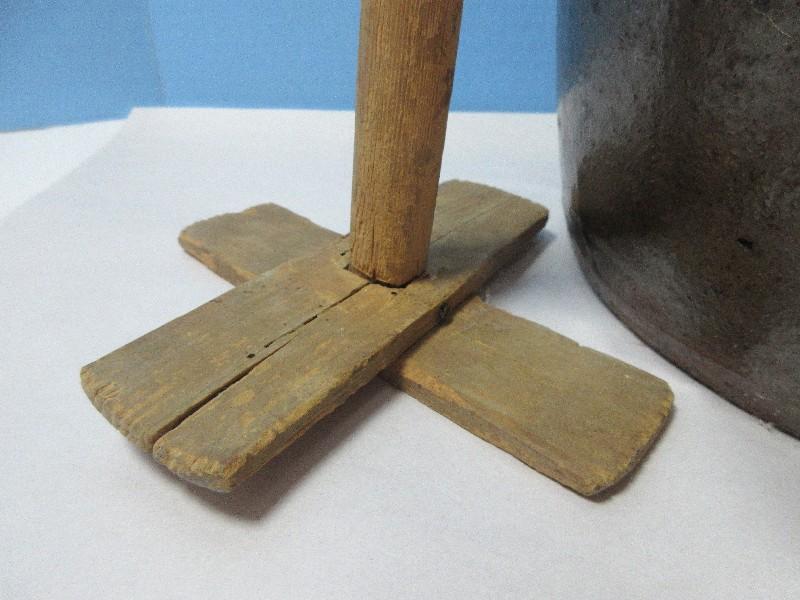 Early 5 Gallon Pottery Stoneware Butter Churn w/Lid & Wooden Dasher Unique Two Tone Glaze