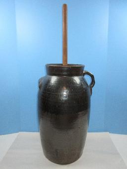 Early 5 Gallon Pottery Stoneware Butter Churn w/Lid & Wooden Dasher Unique Two Tone Glaze