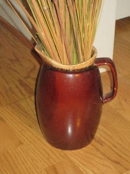 Hull Pottery Brown Drip Glaze Mirror Brown 9" Pitcher w/Dried Grass Arrangement