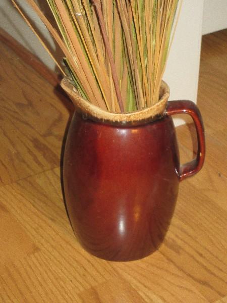 Hull Pottery Brown Drip Glaze Mirror Brown 9" Pitcher w/Dried Grass Arrangement