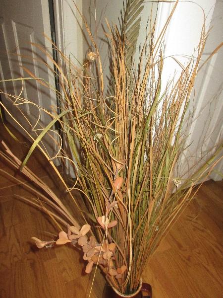 Hull Pottery Brown Drip Glaze Mirror Brown 9" Pitcher w/Dried Grass Arrangement