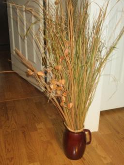 Hull Pottery Brown Drip Glaze Mirror Brown 9" Pitcher w/Dried Grass Arrangement