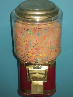 2 Gumball Machine Plastic Globe Sitting on Red Metal Base Stands Operated Mechanically Coin