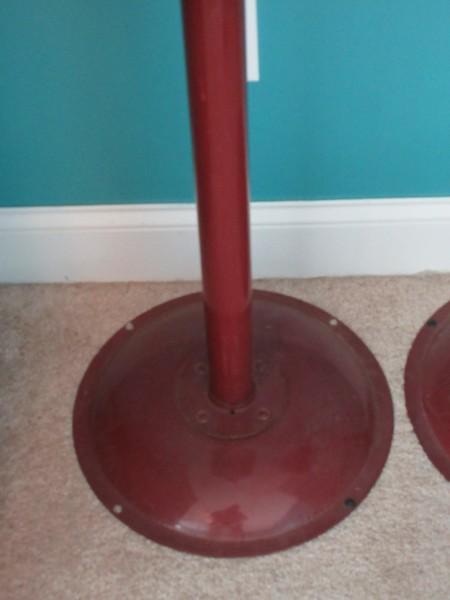 2 Gumball Machine Plastic Globe Sitting on Red Metal Base Stands Operated Mechanically Coin