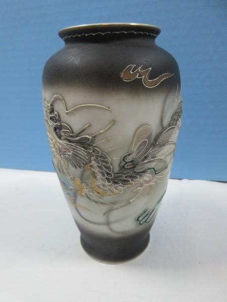3pcs Porcelain Moriage Dragonware Design 6 1/2" Vase & Rectangular Vanity Dresser Trinket Box