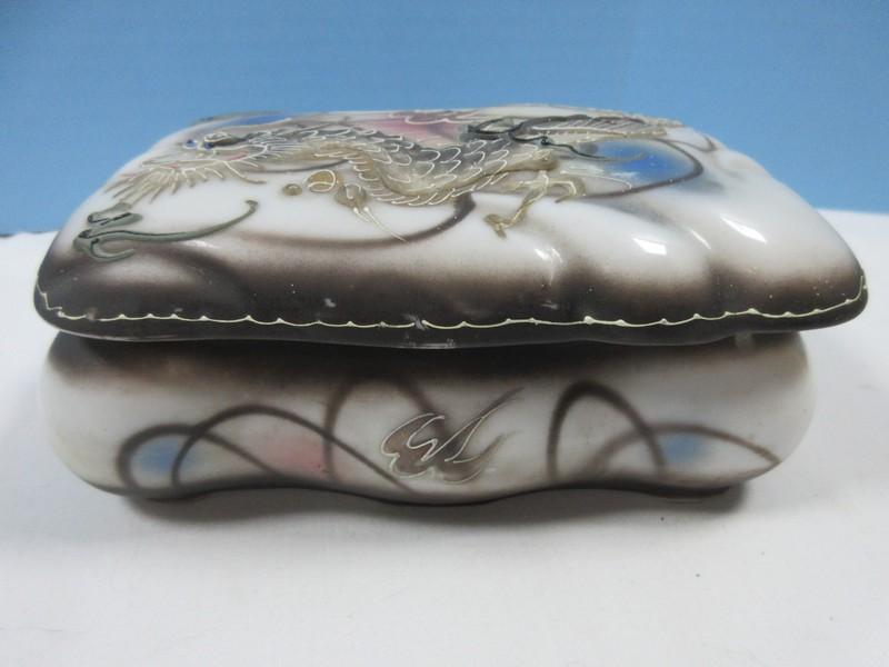3pcs Porcelain Moriage Dragonware Design 6 1/2" Vase & Rectangular Vanity Dresser Trinket Box